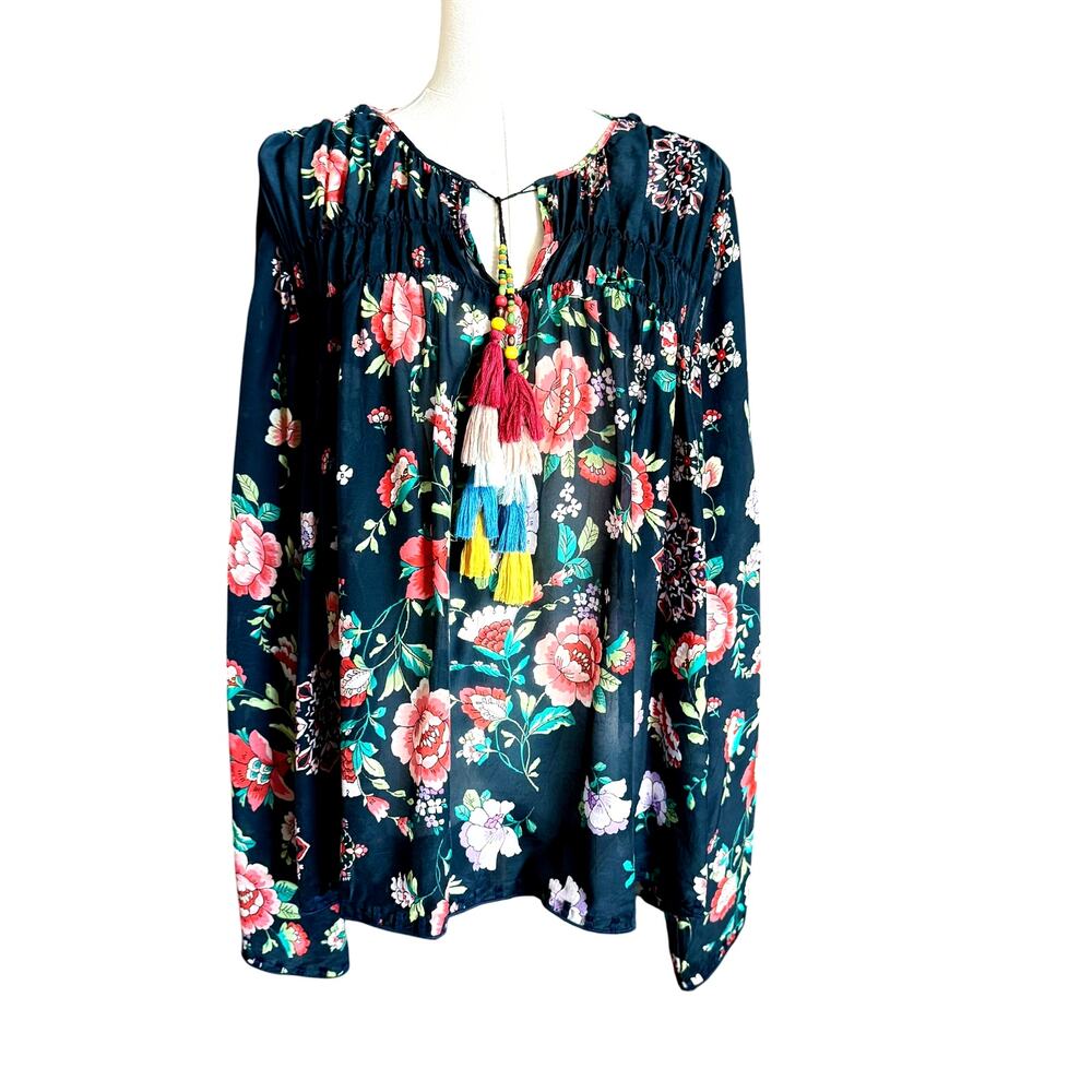 Johnny Was Floral Peasant Blouse Large Boho Tassel Tie Rayon Top Embellished - Picture 2 of 10